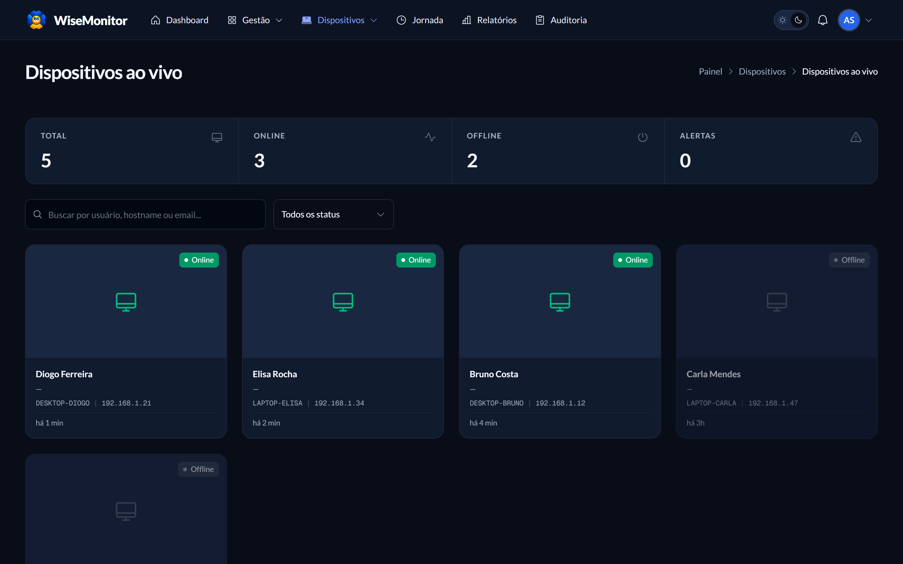 Dispositivos ao vivo no modo escuro